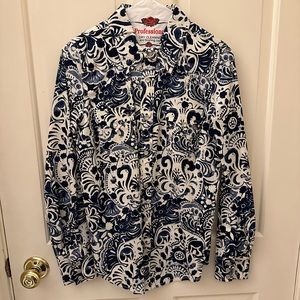 Cowgirl Justice blue and white paisley print button down shirt